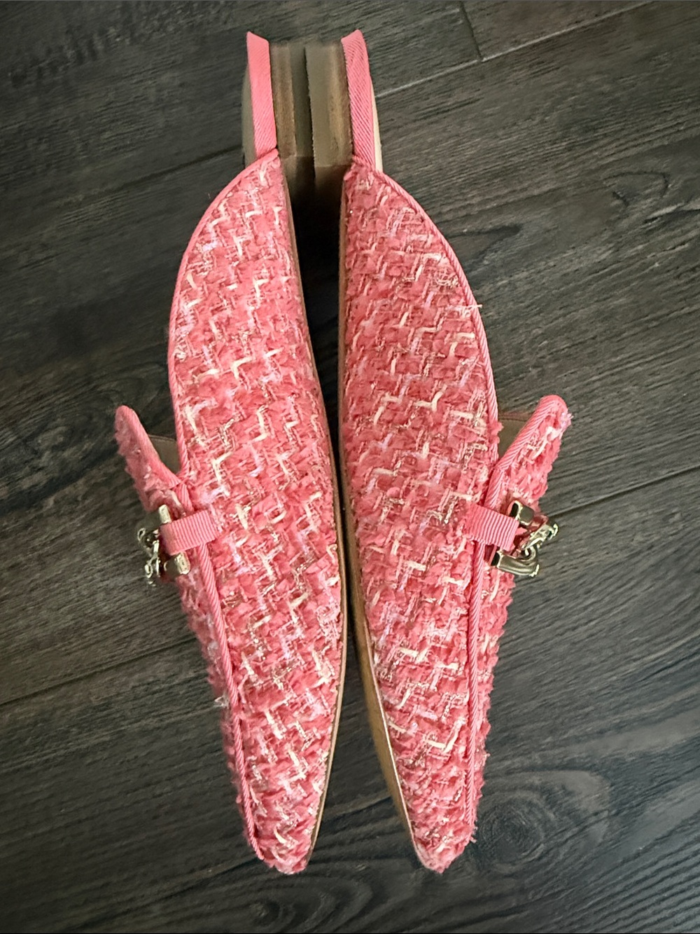 Nine West Pink Tweed Pointed Mules with Gold Chain Detail 7.5 - Picture 7 of 11